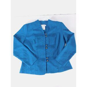 Miss Dorby Blazer Womens 10P Blue Textured Woven Tailored Button Front Petites